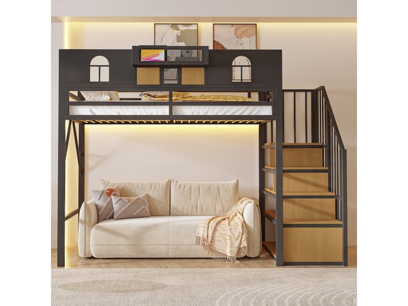  Lit mezzanine 90x200 cm avec rangement et led - lit enfant avec échelle de rangement et barrières de sécurité - métal noir  - Conforama D