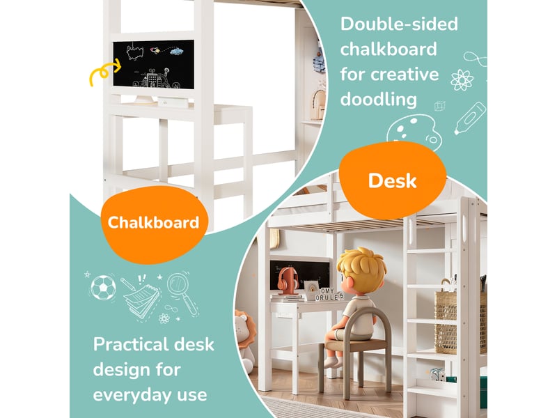  Lit mezzanine enfant 90x200 cm - bureau avec tableau noir - armoire ouverte et étagères - barrières de sécurité - mdf - blanc  - Conforama E