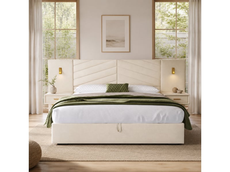 Lit coffre beige et blanc 160 x 200 cm avec 2 tables de chevet et led - 266 x 205 x 117 cm - Conforama D