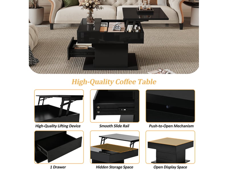  Table basse relevable avec 1 tiroir, plateau pivotant à 360°, rangement dissimulé, pour salon, 70 × 70 × 45 cm  - Conforama E