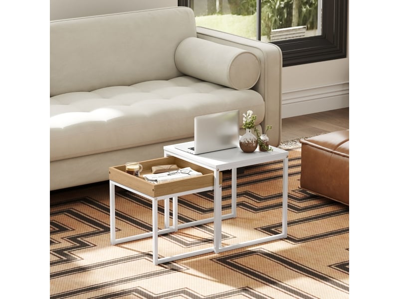 Tables basses gigognes lot de 2 avec plateau amovible style moderne pour salon en acier et mdf blanc effet chêne - Conforama B