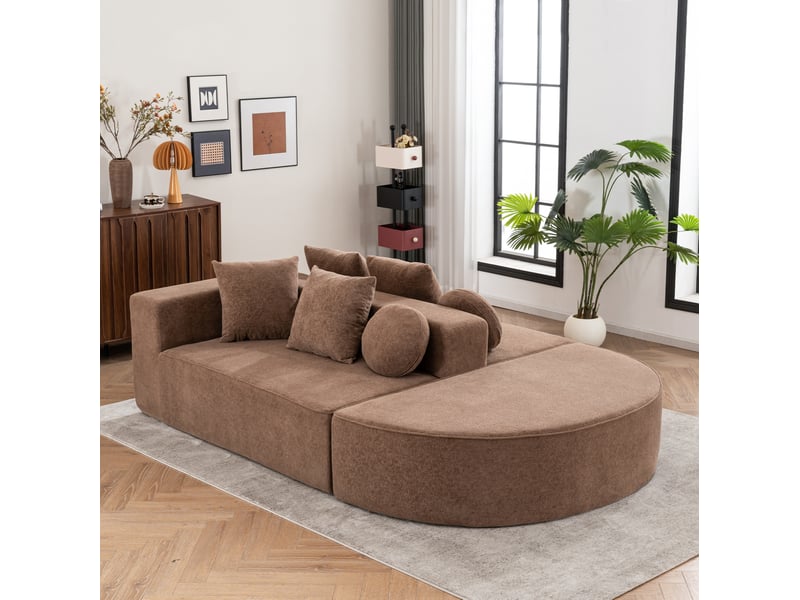  Canapé modulaire 5 places convertible avec structure en mousse, 6 coussins et accoudoirs larges, en chenille marron  - Conforama B