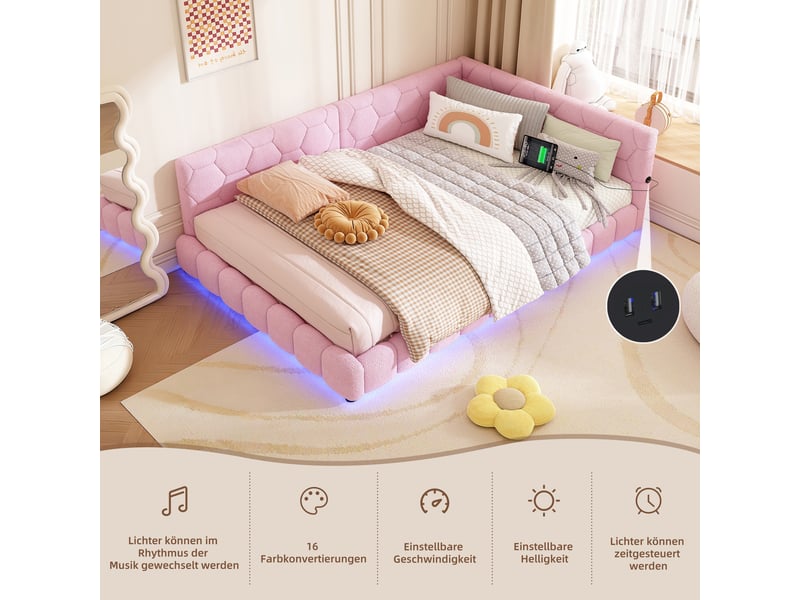  Canapé lit rose lit de jour 140x200 avec led 16 couleurs et ports usb  - Conforama E