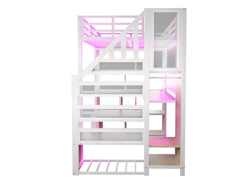 Lit mezzanine 90x200 cm lit enfant avec bureau, rangements, led, prises, lit métal blanc, sans matelas  - Conforama R