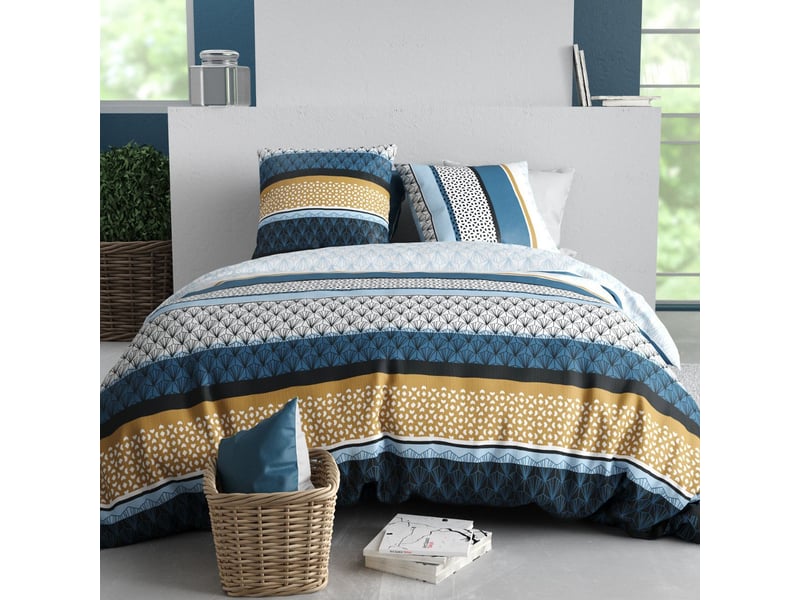  Parure housse de couette 260x240cm + 2 taies motif rétro bleu et jaune 100% coton - osyris OSYRIS - Conforama A