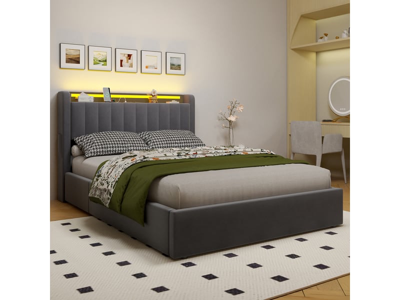  Lit coffre rembourré ulevr 140 x 200 cm avec rangement, éclairage led réglable et port usb, velours gris  - Conforama D