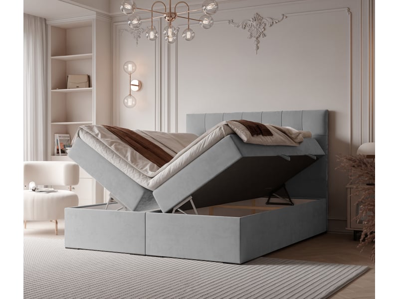  Lit adulte imperial - 160x200 cm - matelas ressorts + surmatelas - coffre de rangement - velours dense hydrofuge gris clair IMPERIAL - Conforama C