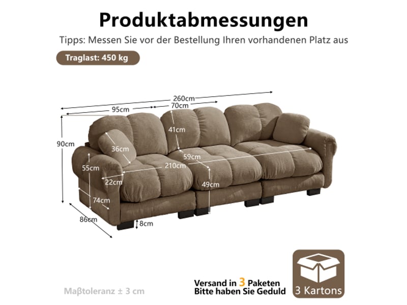 Canapé droit 3 places modulable 260x86 cm - coussins confortables et accoudoirs arrondis - style élégant - chenille - marron  - Conforama C