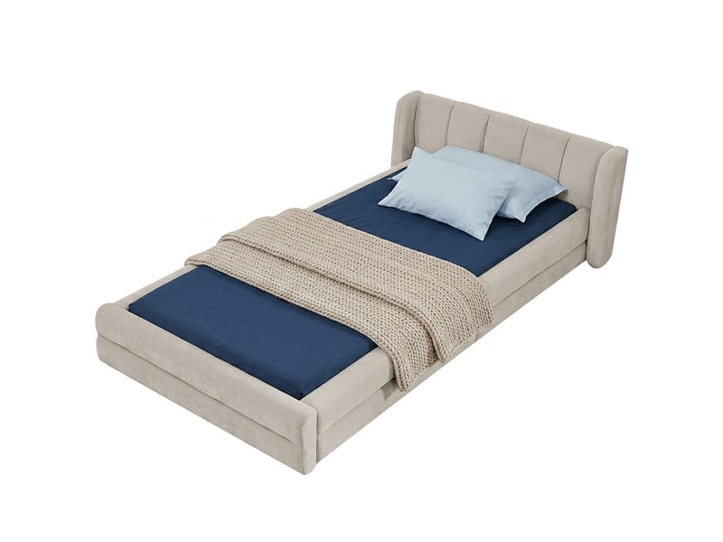  Lit simple 90x200 cm en chenille beige avec tête de lit, sans matelas  - Conforama W