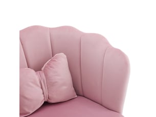 Chaise rembourrée avec dossier pétale, coussin de soutien et pieds métalliques dorés, en velours rose