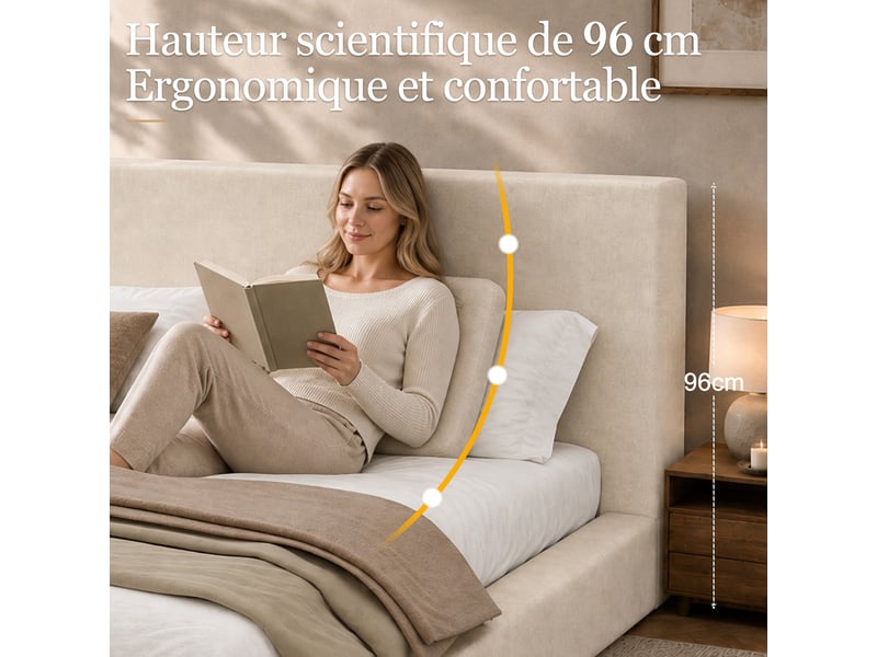 Lit double en chenille beige à tête de lit rembourrée 160 x 200 cm Fay Lum - Conforama D