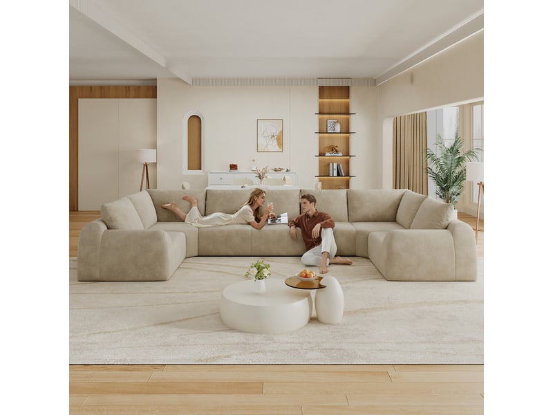  Canapé panoramique en u 411 cm en mousse haute élasticité  - sans montage, chenille - kaki  - Conforama E