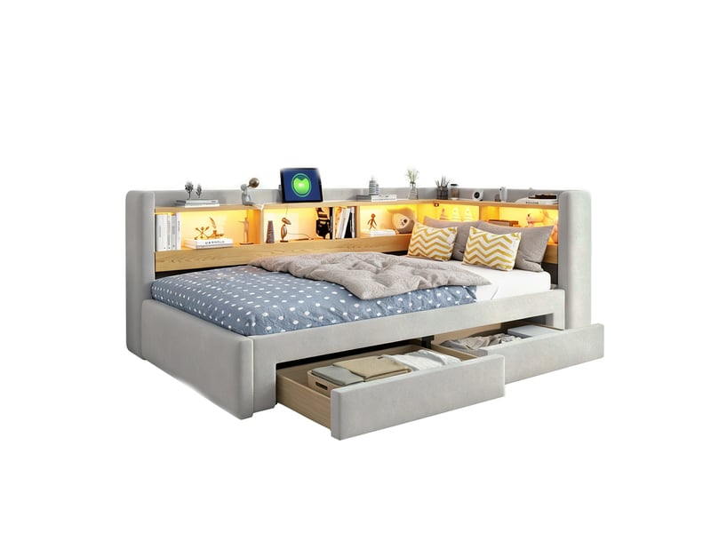 Lit banquette - 90x200 cm - 180x200 cm - forme l - convertible - lit gigogne - tiroirs de rangement - éclairage led - gris CozyNest - Conforama A