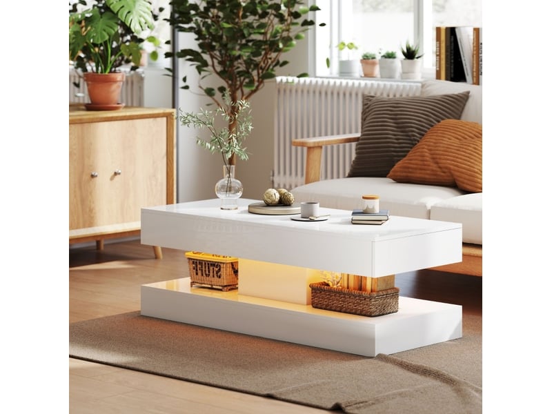 Table basse avec 2 tiroirs, niche ouverte et éclairage led amovible, finition blanc brillant en panneau de particules  - Conforama D
