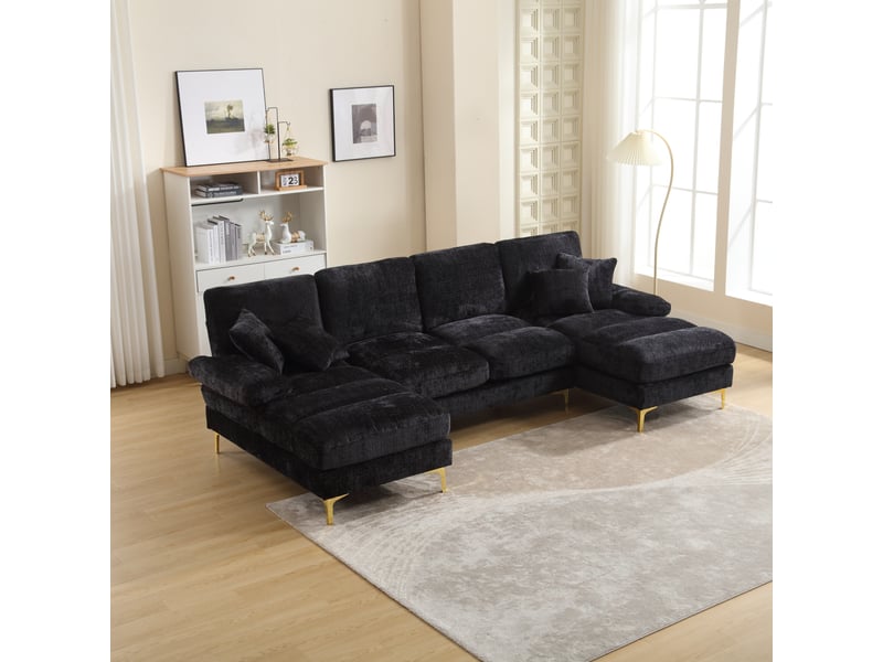  Canapé panoramique u 4 places en chenille noire avec double méridienne  - Conforama D
