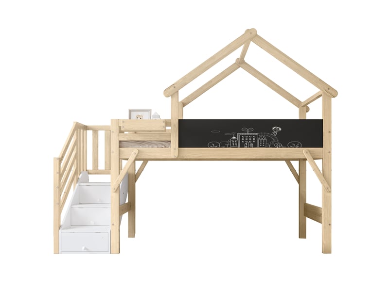  Lit superposé enfant 90 x 200 cm blanc et naturel avec escalier de rangement et tableau  - Conforama A