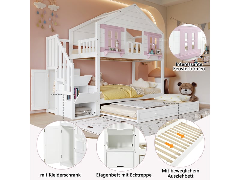 Lit superposé enfant 90x200 en bois avec rangement escalier,lit cabane,lit mezzanine simple,sans matelas,blanc+rose - Conforama E