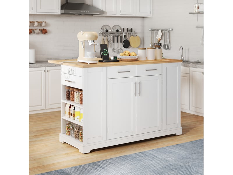  Îlot de cuisine 138x86x92 cm plateau rabattable mdf blanc et aspect bois naturel  - Conforama C