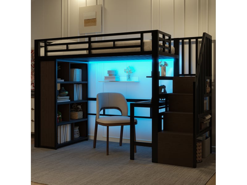  Lit mezzanine 90x200 cm avec bureau, rangements et led, noir  - Conforama B