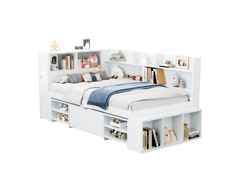  Lit enfant multifonctionnel 90x200 cm rangement tiroirs bibliothèques sommier à lattes contreplaqué blanc sans matelas  - Conforama A