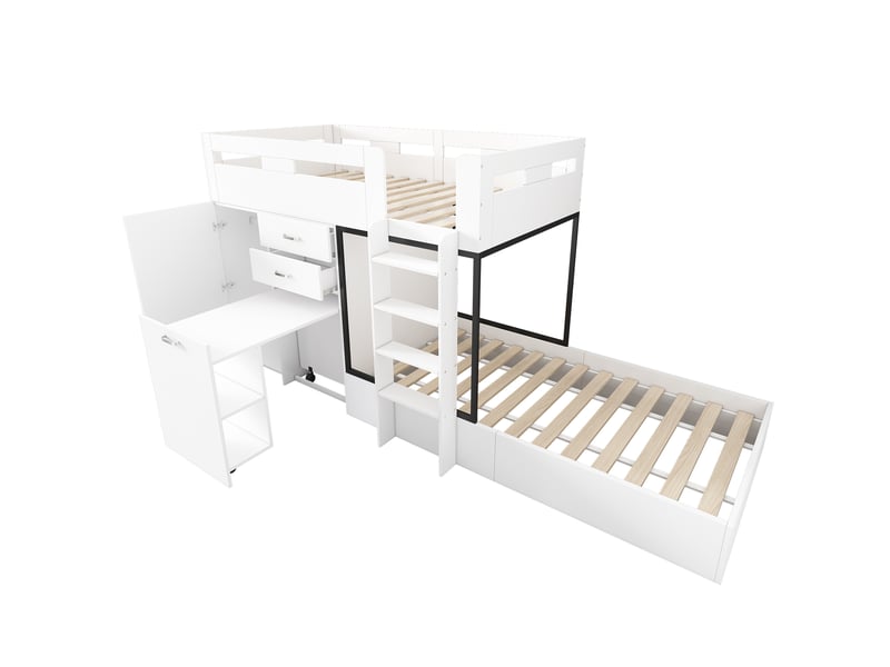 Lit superposé enfant, lit enfant multifonction avec bureau escamotable, armoire et tiroirs, lit 90x200 cm blanc, sans matelas. - Conforama W