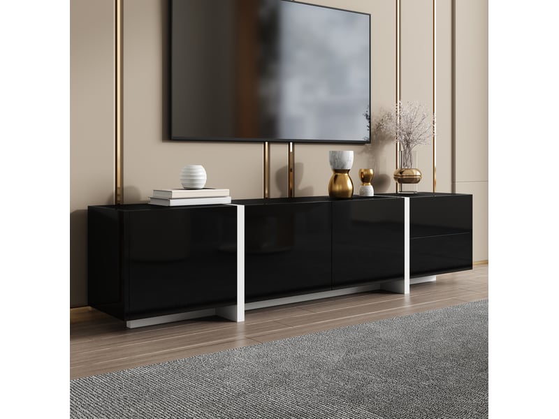  Meuble tv modenvie noir et blanc avec led, 3 portes, tiroir et porte abattante 170 x 30 x 39 cm  - Conforama D