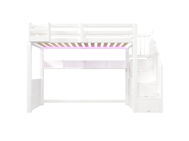  Lit mezzanine 90x200 cm – avec escalier rangement led et 4 compartiments – pin massif et mdf – blanc CozyNest - Conforama A