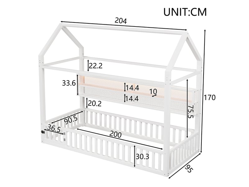 Lit cabane 90x200 cm enfant métal blanc avec led 7 couleurs lit plateforme maison avec barrière de sécurité - Conforama C