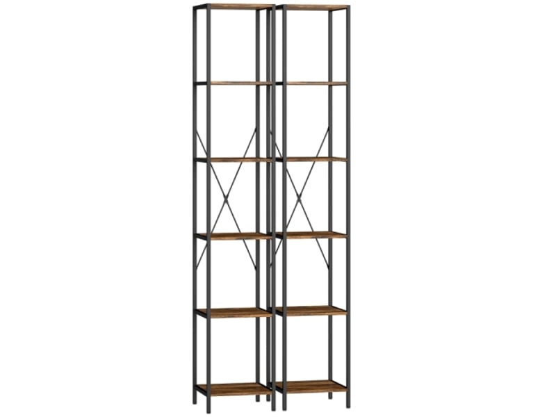  Lot de 2 bibliothèques 6 niveaux, cadre en acier, style rustique, brun, salon et bureau  - Conforama A