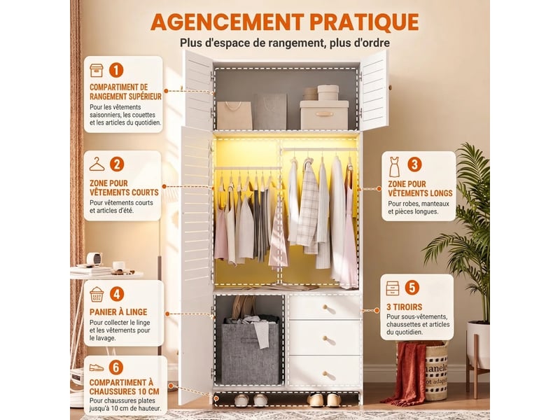  Armoire 6 portes blanche en mdf avec 5 tiroirs et 2 penderies 180x200 cm  - Conforama E
