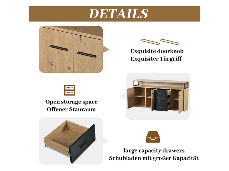 Buffet de cuisine 150x35x75,9 cm avec 3 portes et 3 tiroirs, meuble de rangement industriel noir et bois - Conforama W