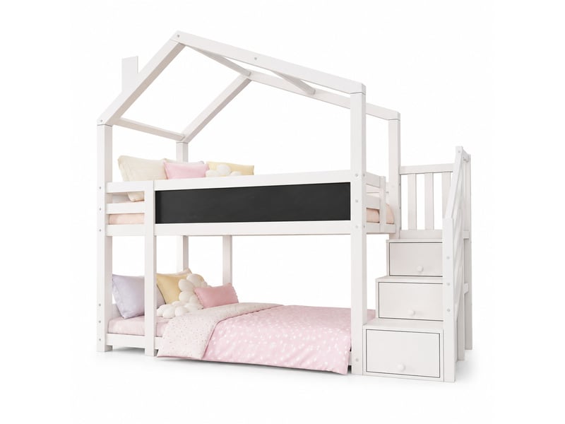 Lit superposé cabane 2 places avec escalier de rangement, tableau et barrières, 90x200 cm, sans matelas - Conforama A