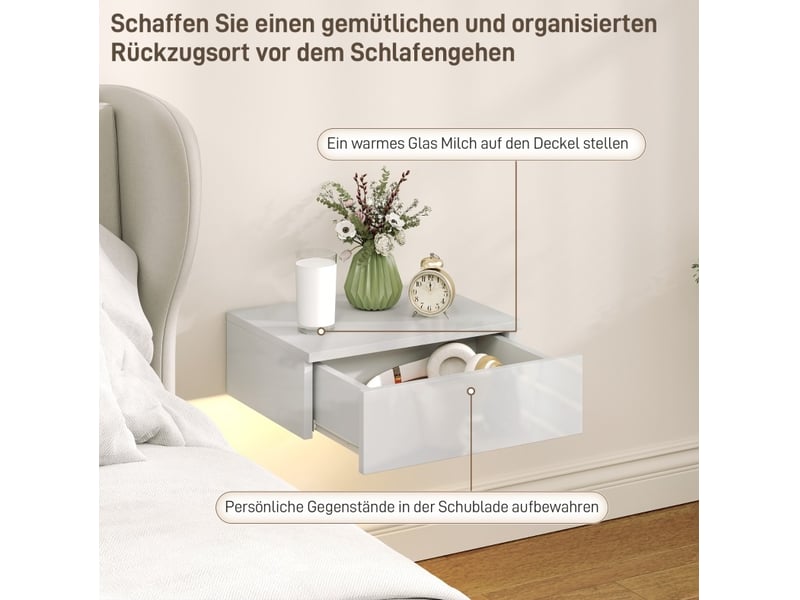  Ensemble de 2 tables de nuit flottantes, design mural, tiroir, pour chambre à coucher, panneaux de particules, blanc  - Conforama D