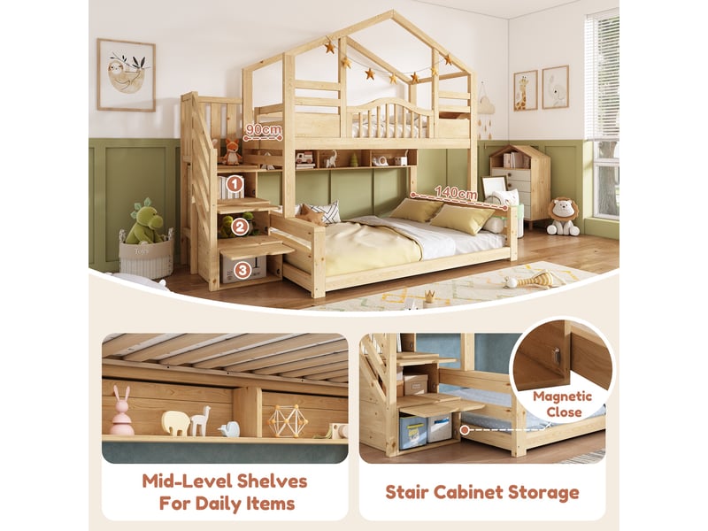  Lit superposé enfant 90x200140x200 cm, escalier avec rangement, étagères, ports usb, pour chambre enfant - beige et bois naturel  - Conforama E