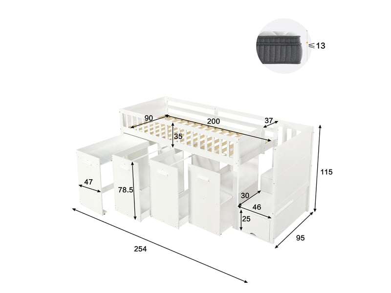  Lit mezzanine 90x200cm, lit enfant avec bureau extractible armoire, escalier de rangement, en bois de pin et mdf, blanc  - Conforama E