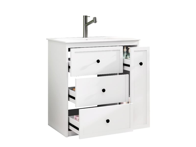 Meuble salle de bain sur pied 76 cm avec vasque en céramique intégrée, meuble vasque blanc laqué, 4 tiroirs - Conforama A