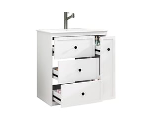 Meuble salle de bain sur pied 76 cm avec vasque en céramique intégrée, meuble vasque blanc laqué, 4 tiroirs