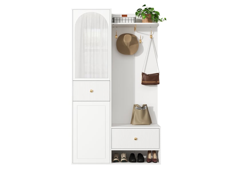  Vestiaire d’entrée blanc avec miroir, patères dorées et tiroirs, 100 x 35 x 175,5 cm  - Conforama A