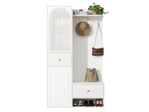 Vestiaire d’entrée blanc avec miroir, patères dorées et tiroirs, 100 x 35 x 175,5 cm