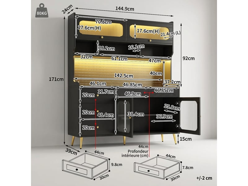  Buffet de cuisine haut noir 145x39x171 cm avec led rgb et porte relevable en verre strié  - Conforama C