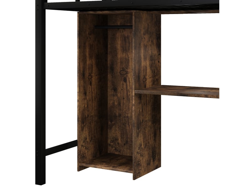 Lit mezzanine 90 x 200 cm noir métal et mdf, bureau, armoire et escalier avec rangements intégrés - Conforama E