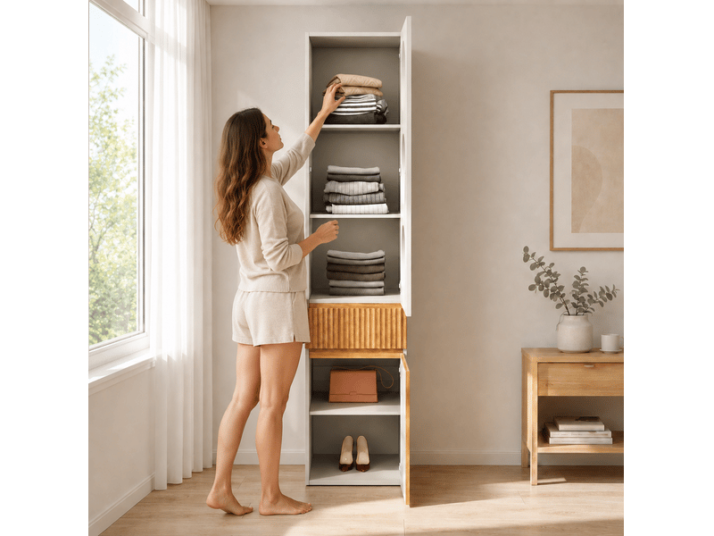  Armoire colonne 45x50x200 cm 2 portes 1 tiroir mdf et panneau de particules gris clair et naturel  - Conforama B