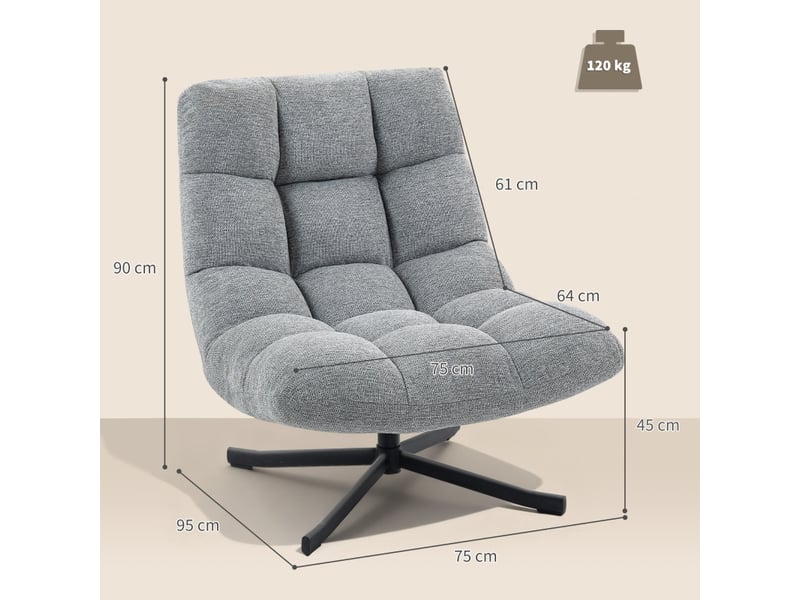 Fauteuil pivotant à assise large avec rotation à 360° et revêtement déperlant en polyester gris - Conforama D