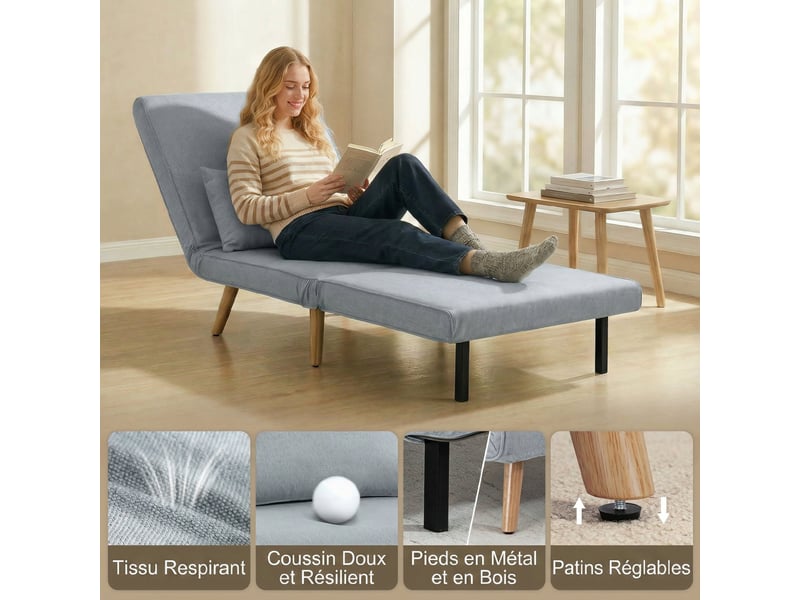  Fauteuil chauffeuse convertible 3 en 1 lit fauteuil lit 1 dossier place 5 positions en tissu avec coussin, gris  - Conforama R
