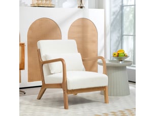 Fauteuil lounge en bois d'hévéa et velours crème 61x78x76 cm