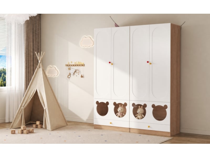 Armoire enfant avec 2 portes, penderie, étagères et tiroirs en mdf pour chambre, blanc naturel, 80 × 50 × 200 cm - Conforama E