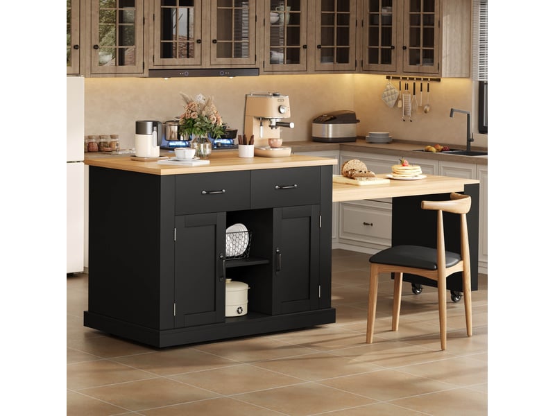  Îlot de cuisine mobile avec table extensible, rangements et prises, noir et effet bois  - Conforama C