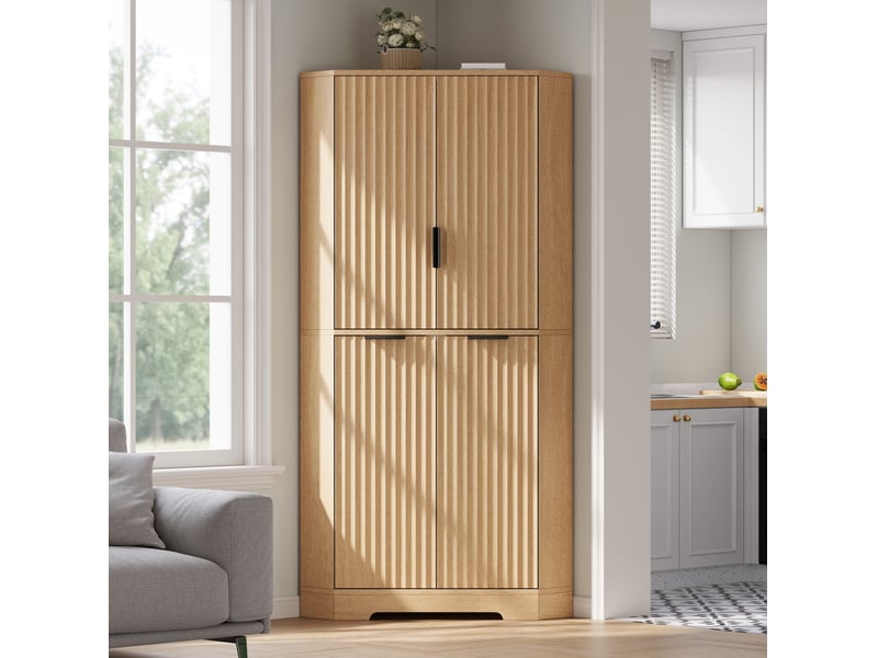 Meuble d'angle avec 4 portes et étagères réglables, finition rainurée, pour cuisine et salon, 60 × 60 × 172 cm - Conforama B