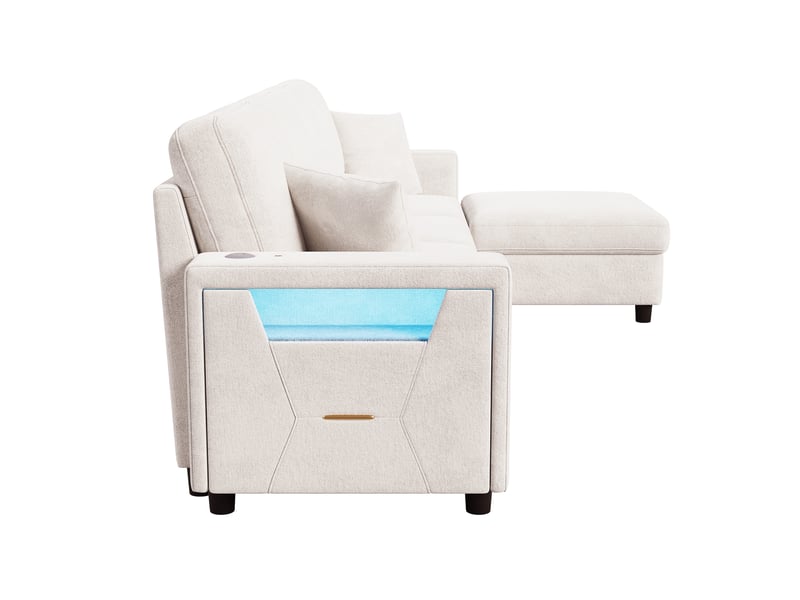  Canapé d'angle modulable 4 places 282 cm beige en polyester, pouf coffre, led 3 teintes et usb-c Fay Lum - Conforama D