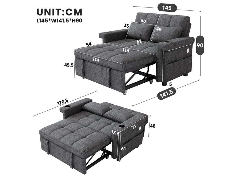  Canapé convertible 2 places 145 x 141,5 x 90 cm, éclairage led, usb et usb-c, dossier réglable, porte-gobelets pour salon - gris  - Conforama C
